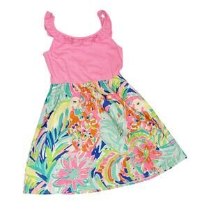 Lilly Pulitzer Claire Floral Pink Dress Girls Size 6-7 Ruffle Neck Sleeveless